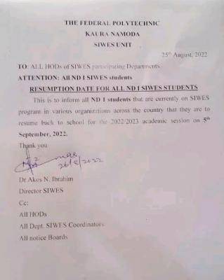 Federal Poly, Kaura Namoda notice on resumption to ND I SIWES students