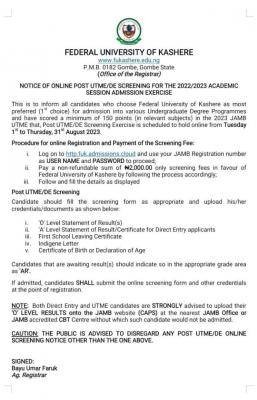 FUKashere Post-UTME/DE 2023: cut-off mark, eligibility and registration details