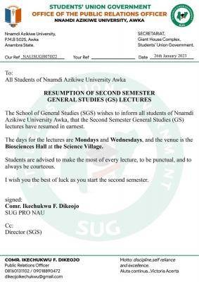 UNIZIK notice on resumption of second semester General Studies lectures