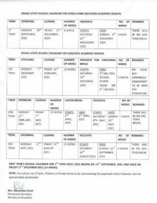 Enugu State Schools Academic Calendar for 2019/2020 & 2020/2021 Session