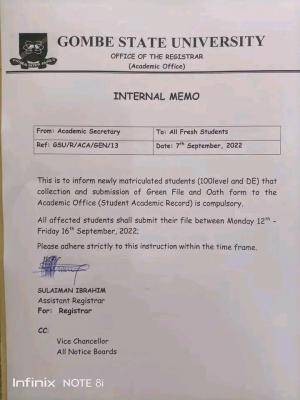 GOMSU notice to newly matriculated students on collection & submissions of files