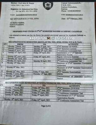 Kaduna Polytechnic 2nd/4th semester 2019/2020 academic calendar