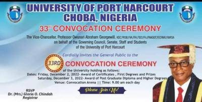 UNIPORT announces 33rd Convocation Ceremony