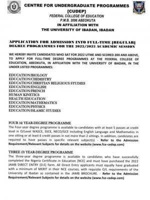 FCE Osiele (UI affiliated) degree admission, 2022/2023