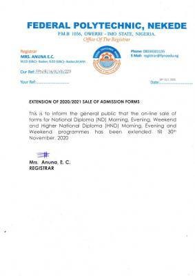 Fed Poly Nekede extends sales of admission forms for 2020/2021 academic session