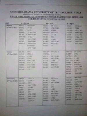 MAUTECH first semester exam time-table for 2019/2020 session