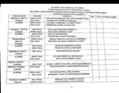 NUBAPOLY 2nd & 4th semester examination timetable, 2019/2020