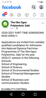 Oke-Ogun Polytechnic, Saki part time admission form for 2020/2021 session