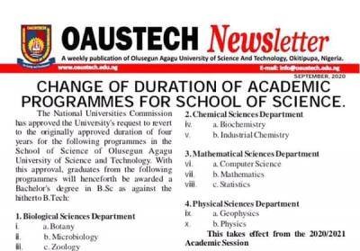 OAUSTECH notice on change of academic duration for faculty of science