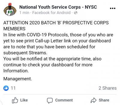 NYSC notice to 2020 batch "B" prospective corps members