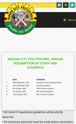 Ibadan City Polytechnic resumption of academic activities