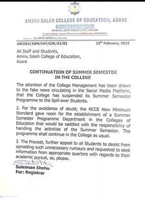 Aminu Saleh COE continuation of summer semester in the College