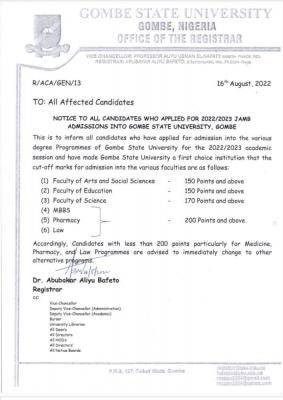 GSU approved cut off marks for 2022/2023 admission