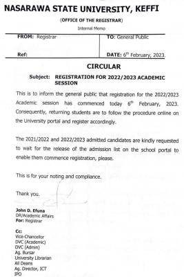 NSUK notice on registration for 2022/2023 session
