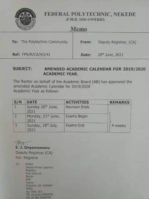 Nekede Poly amended academic calendar for 2019/2020