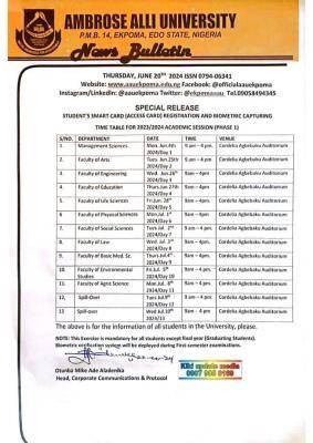 AAU timetable for students smart card registration & biometric capturing (phase 1), 2023/2024