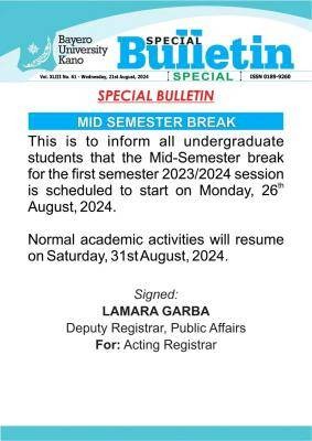 BUK notice of 1st semester mid break, 2023/2024