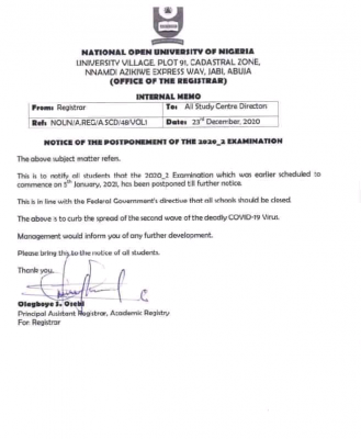 NOUN notice on the postponement of the 2020_2 Examination