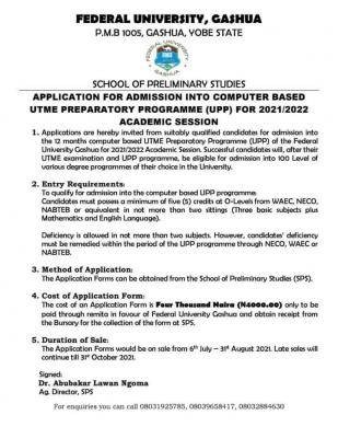 FUGashua admission into Preparatory Programme for 2021/2022