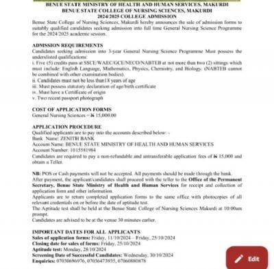 Benue State College of Nursing Sciences releases General Nursing form, 2024/2025