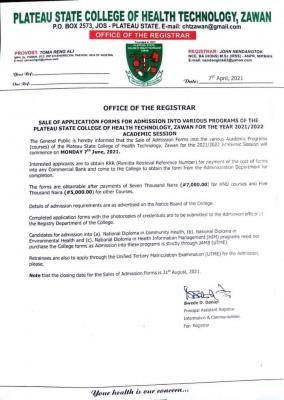 Plateau State College of Health admission form for 2021/2022 session