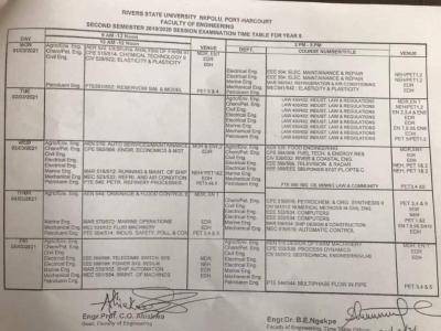 RSUST 2nd semester exam timetable for 2019/2020 session