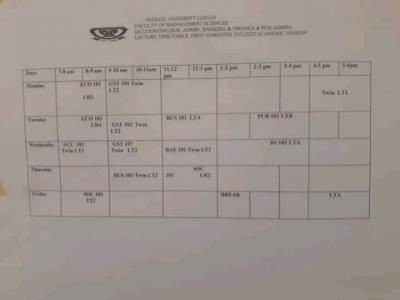 FULokoja lecture time table for 1st semester 2021/2022 session