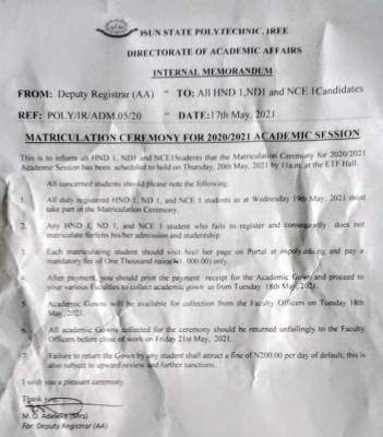 OSPOLY, Iree matriculation notice to students, 2020/2021