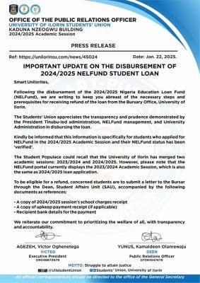 UNILORIN SUG update On the disbursement Of 2024/2025 NELFUND loan