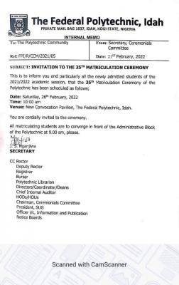 Fed Poly, Idah announces matriculation ceremony, 2021/2022