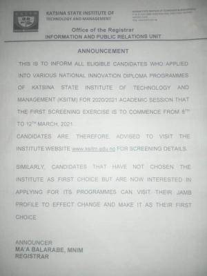 Katsina Institute Of Technology and management 1st Batch screening exercise