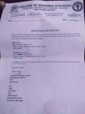 College of Nursing Science FMC, Nguru Interview date