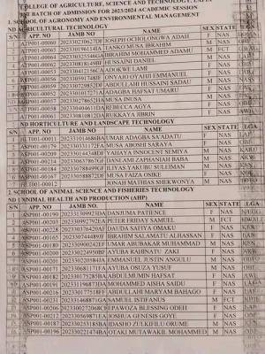 College of Agriculture, Science & Tech. Lafia releases first batch admission list, 2023/2024