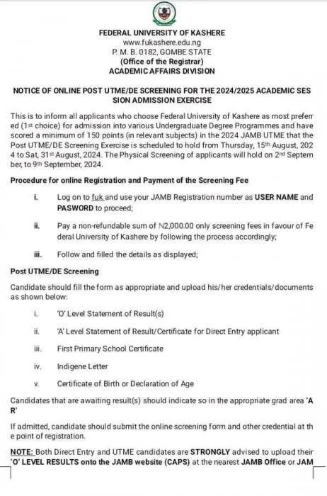 FUKashere Post-UTME/DE 2024: cut-off mark, eligibility and registration details