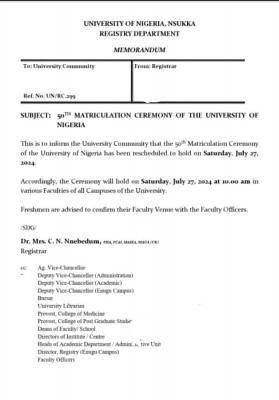 UNN announces 50th Matriculation Ceremony