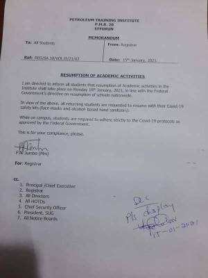 PTI notice on resumption of academic activities