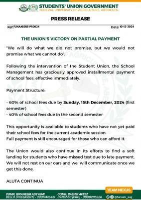 FUNAAB SUG update on payment of school fees