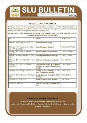 SLU revised academic calendar for 2019/2020 session