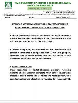 KUST Wudil notice to students residing in the hostels