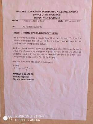 Hussan Usman Katsina Poly notice to students on hostels repair & electricity supply