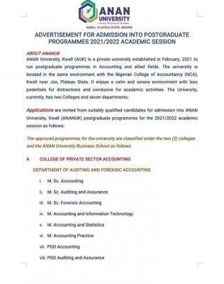 ANAN University postgraduate admission for 2021/2022 session