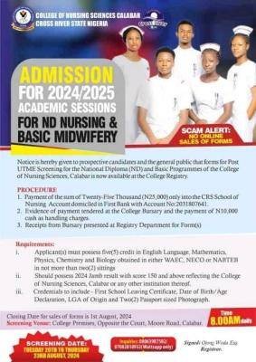 Calabar College Of Nursing Sciences ND Nursing & Basic Midwifery admission form, 2024/2025