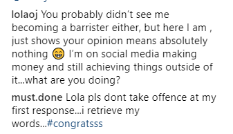 Lola OJ drags follower who said law isn