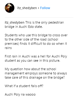 Auchi Polytechnic students forced to use flooded pedestrian bridge to get to school 