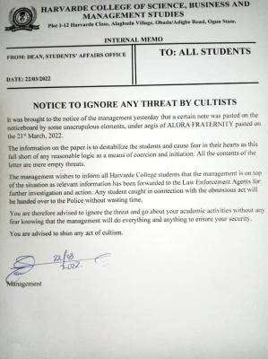 Harvard College of Science Business and management Studies notice to students