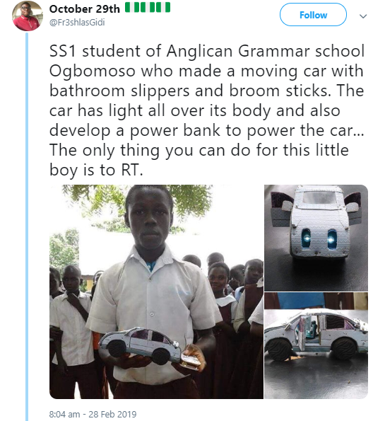 Twitter users unimpressed after man tried to make a school boy go viral for manufacturing a moving car with bathroom slippers and power bank