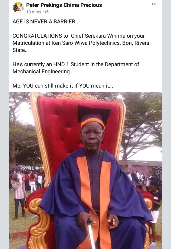 Age is never a barrier Photo of an elderly man during his matriculation at Ken Saro Wiwa Polytechnic Rivers State