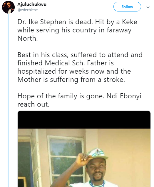 Medical doctor undergoing NYSC in the North dies after being hit by a Keke