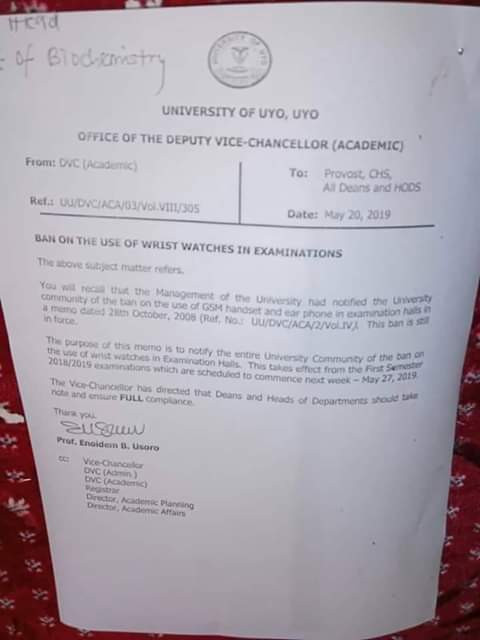  Photo University Of Uyo bans use of wristwatches during exams