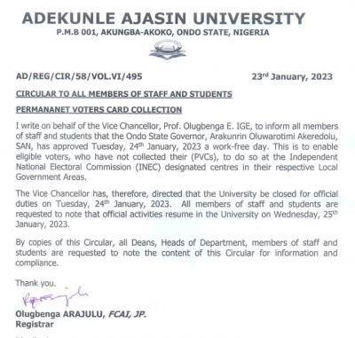 AAUA notice to staff & students on collection of their PVCs